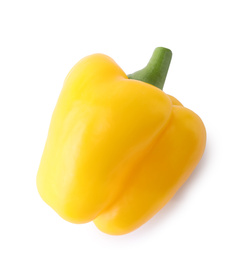 Photo of Ripe yellow bell pepper isolated on white, top view