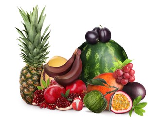 Image of Many different fresh fruits on white background