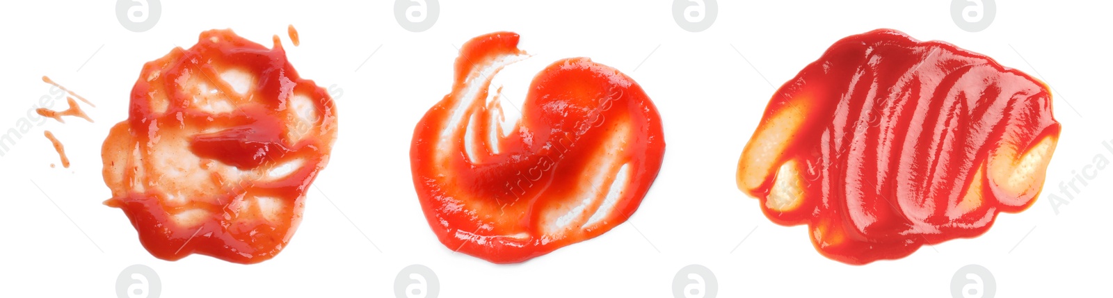 Image of Set of tasty ketchup on white background, top view. Tomato sauce