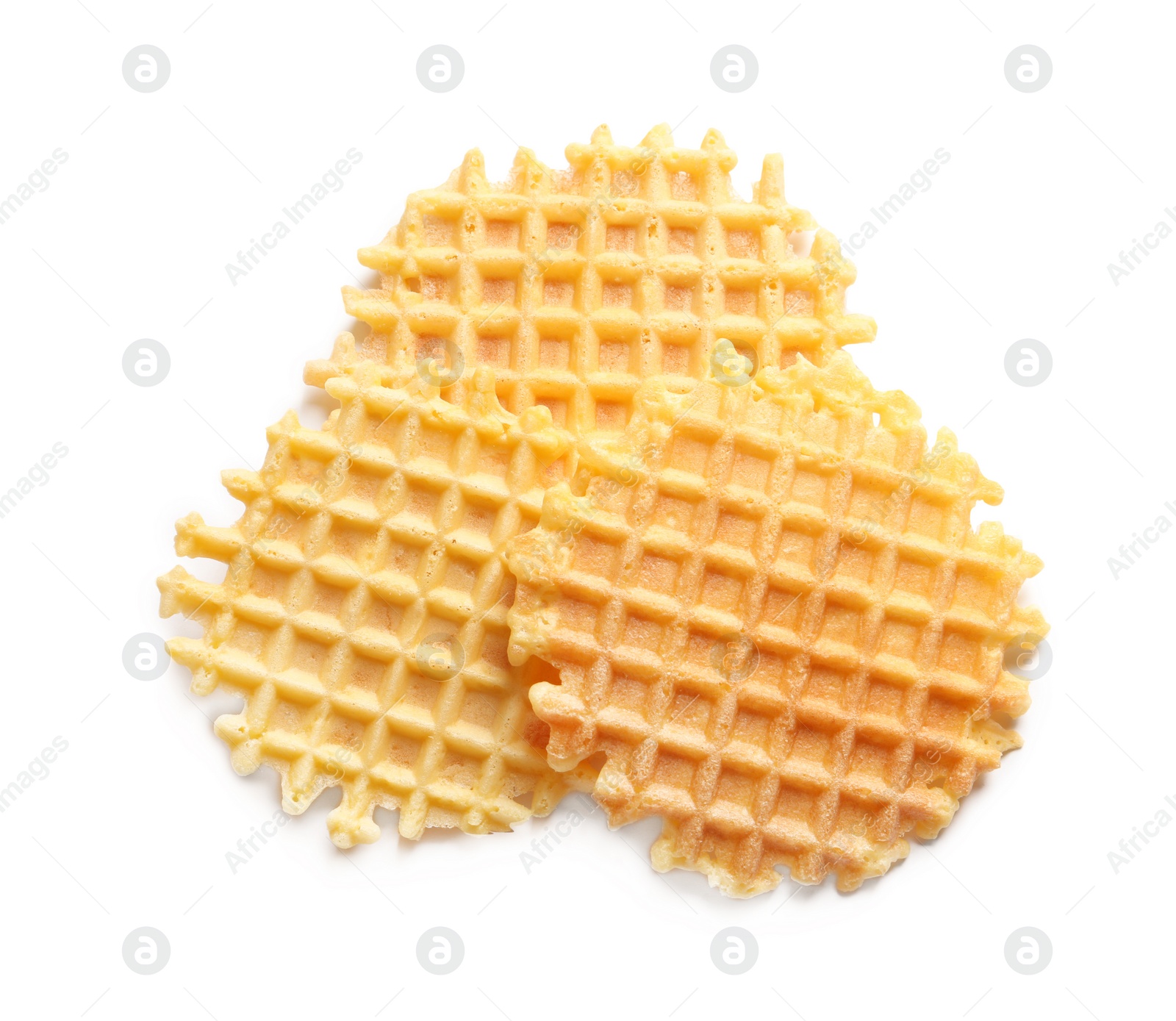 Photo of Delicious waffles for breakfast on white background, top view