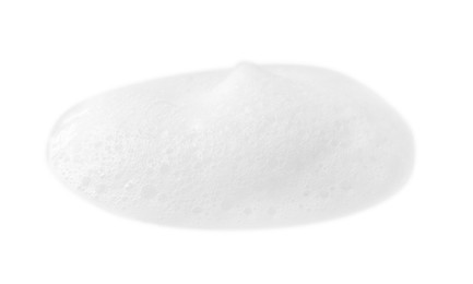 Photo of Drop of fluffy soap foam on white background