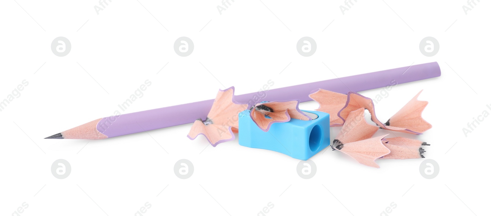 Photo of Light blue sharpener with shavings and pencil on white background