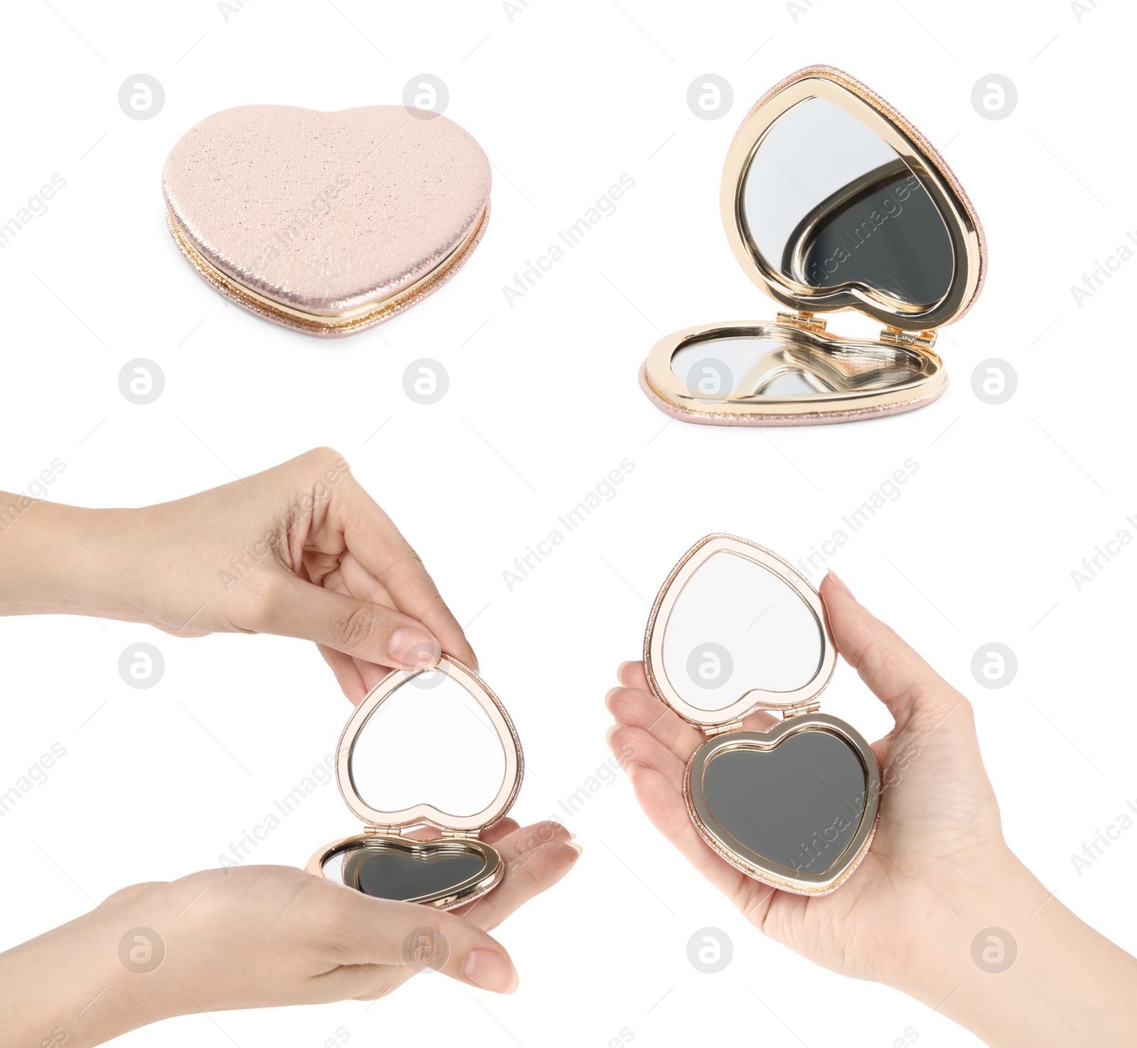 Image of Collage with photos of women holding pocket mirrors on white background, closeup