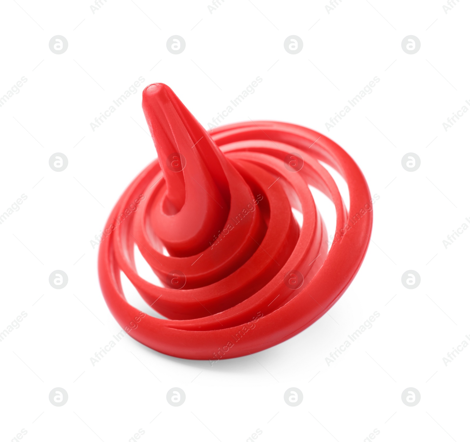 Photo of One red spinning top on white background