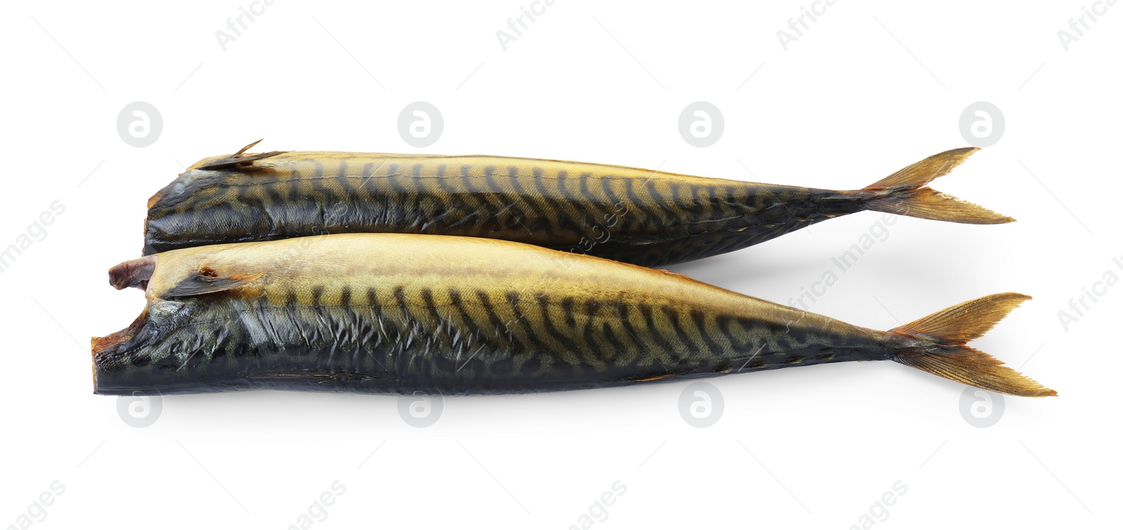 Photo of Delicious smoked mackerels isolated on white.
Seafood product