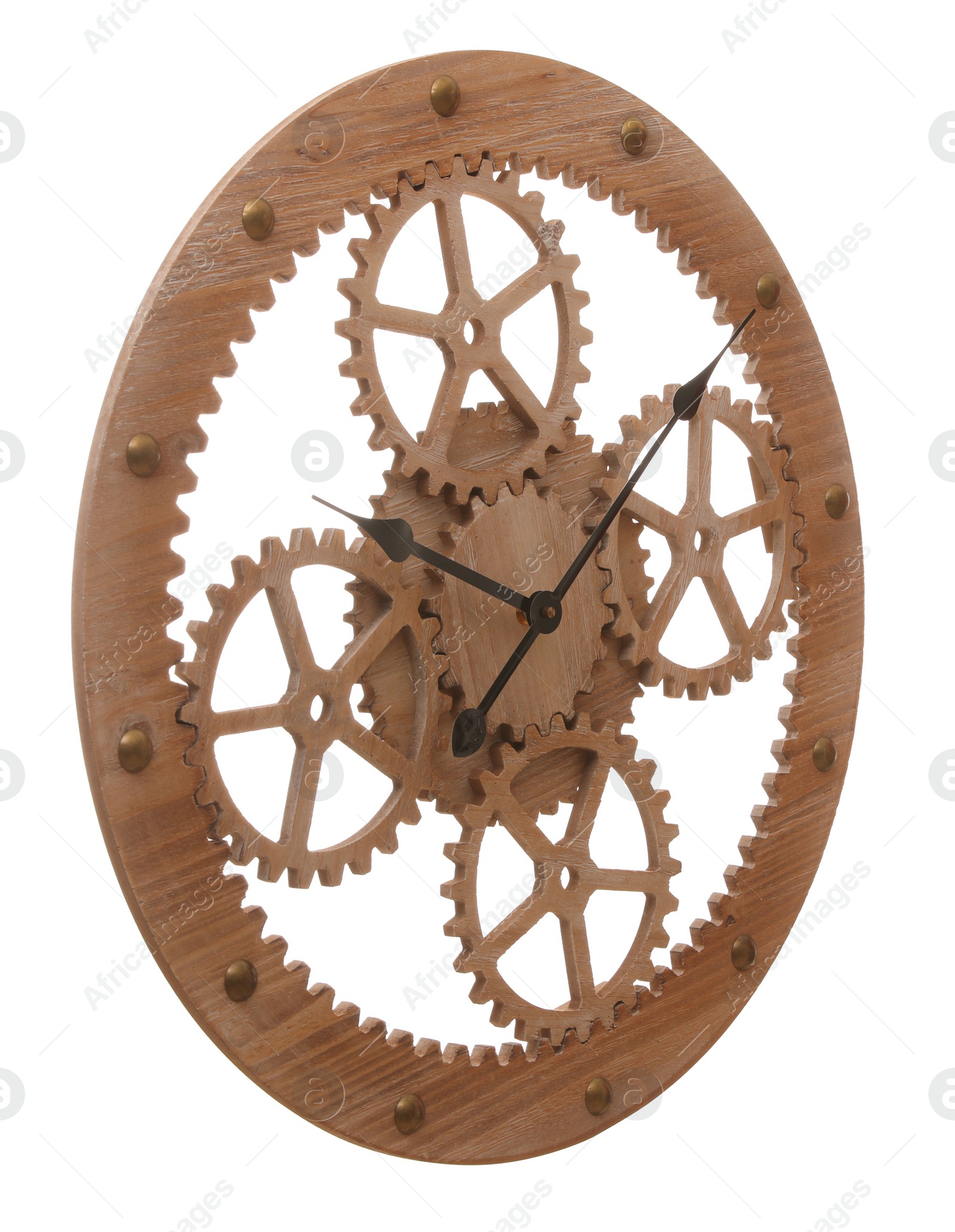 Photo of Stylish wall clock with wooden gears isolated on white