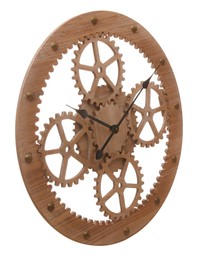 Stylish wall clock with wooden gears isolated on white