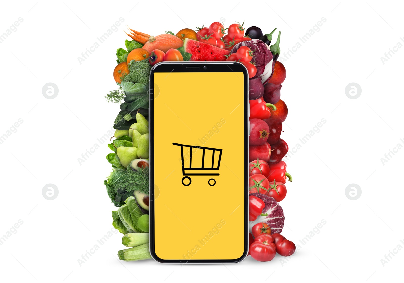 Image of Online purchases. Smartphone with shopping cart icon surrounded by different fruits and vegetables on white background