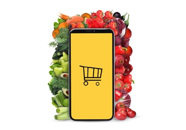 Online purchases. Smartphone with shopping cart icon surrounded by different fruits and vegetables on white background