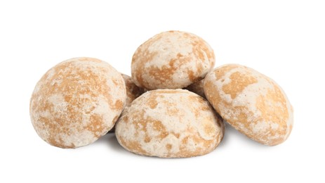 Tasty homemade gingerbread cookies on white background