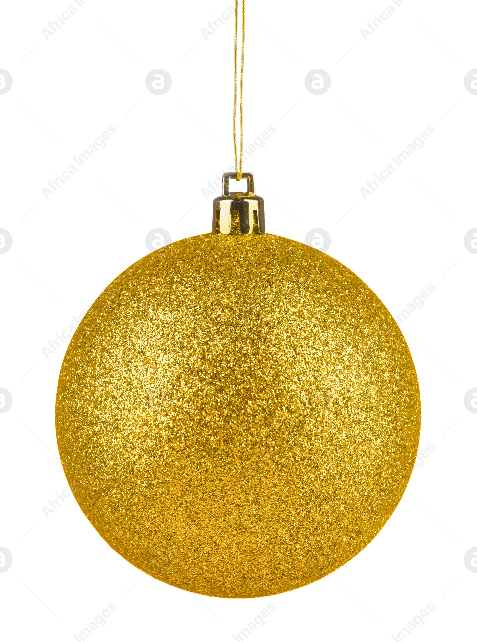 Image of Golden Christmas ball hanging on white background