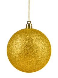 Image of Golden Christmas ball hanging on white background