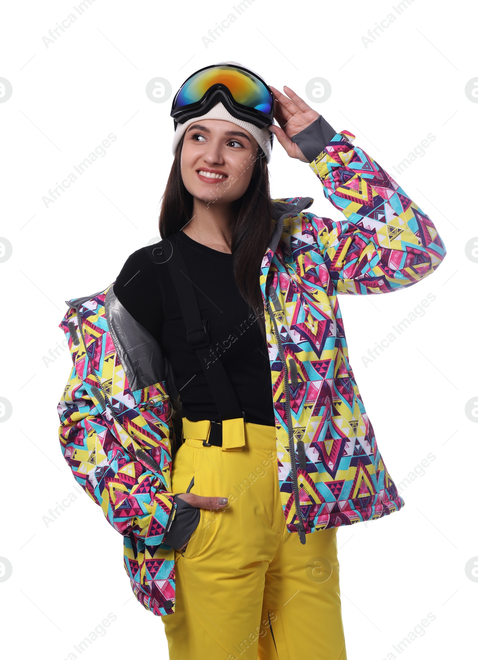 Photo of Woman wearing stylish winter sport clothes on white background