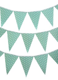 Photo of Rows of triangular bunting flags on white background. Festive decor