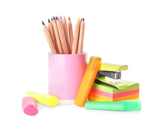 Set of different school stationery on white background