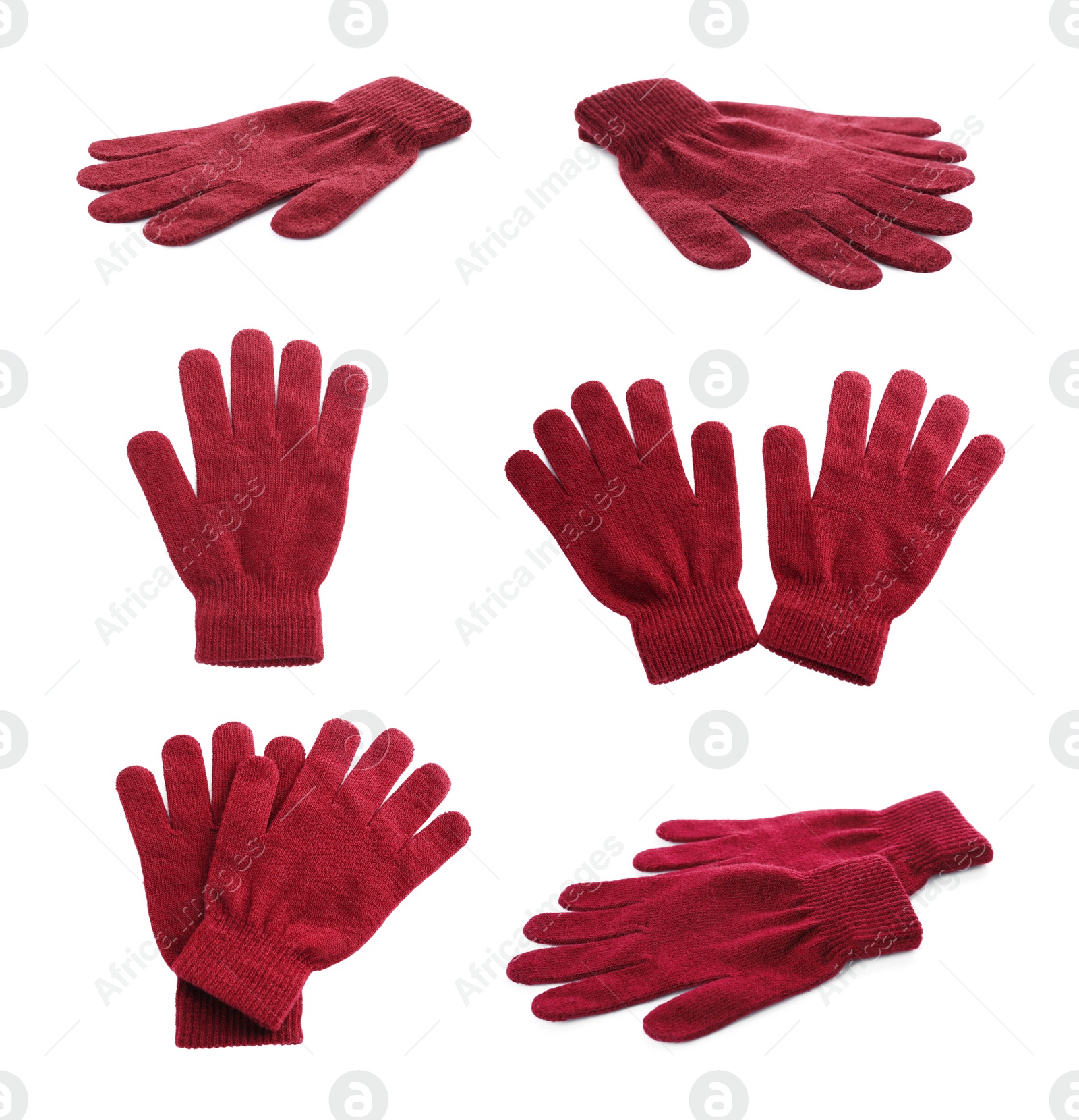 Image of Set of red woolen gloves on white background