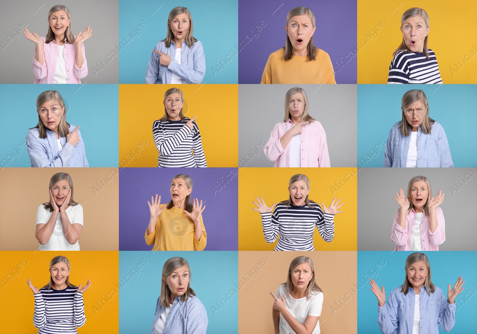 Image of Collage with photos of surprised woman on different color backgrounds