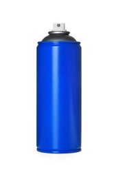 Photo of Can of blue spray paint isolated on white. Graffiti supply