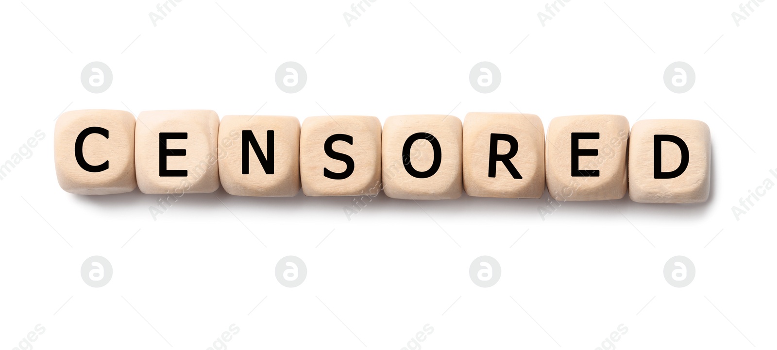 Photo of Wooden cubes with word Censored on white background, top view