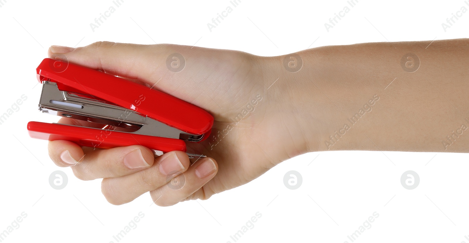 Photo of Woman holding red stapler on white background, closeup