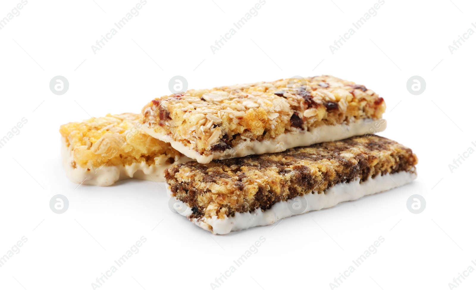 Photo of Tasty protein bars on white background. Healthy snack