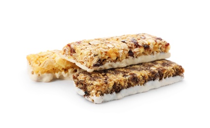 Photo of Tasty protein bars on white background. Healthy snack