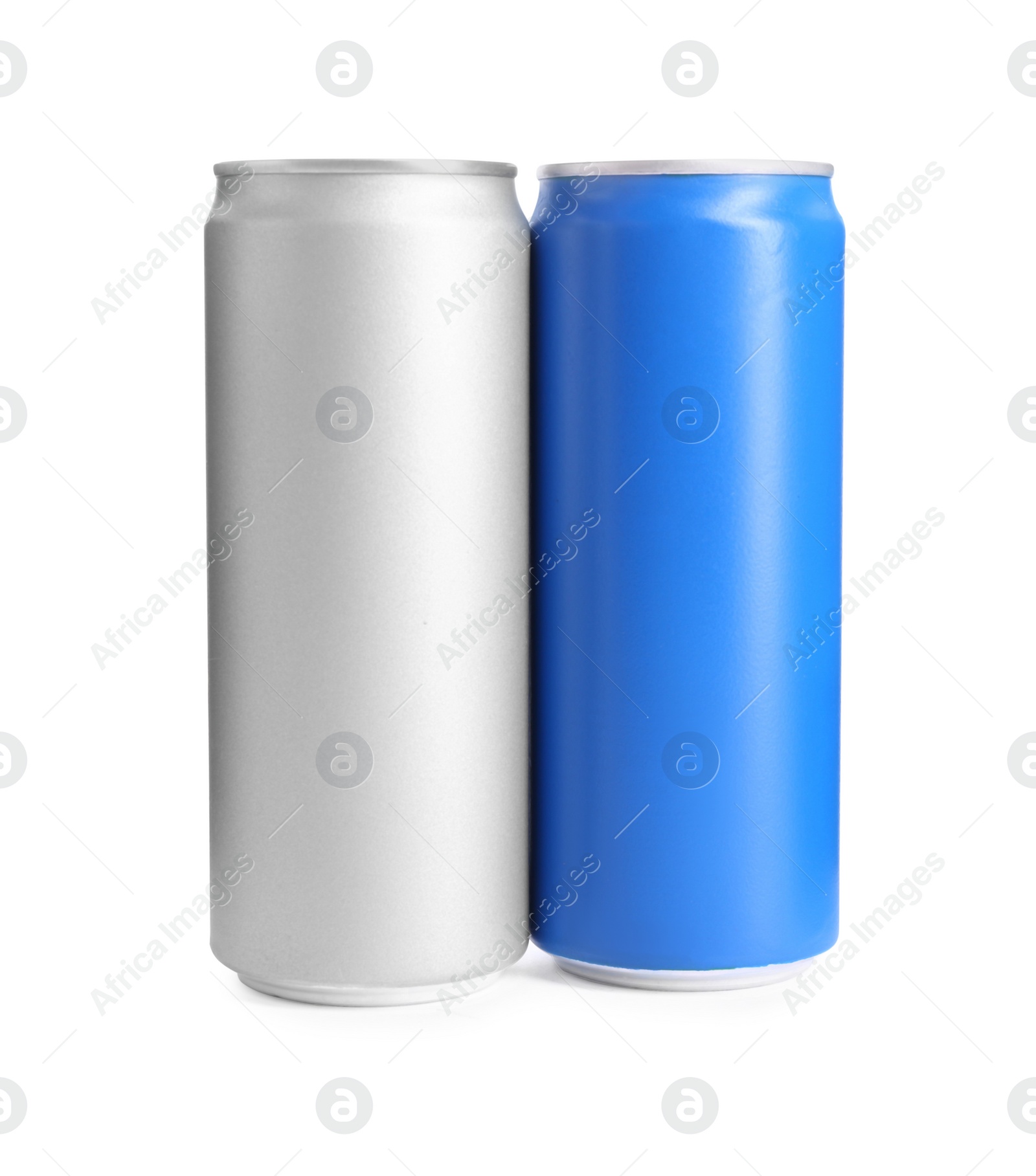 Photo of Energy drinks in aluminum cans on white background