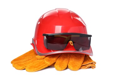 Different personal protective equipment on white background
