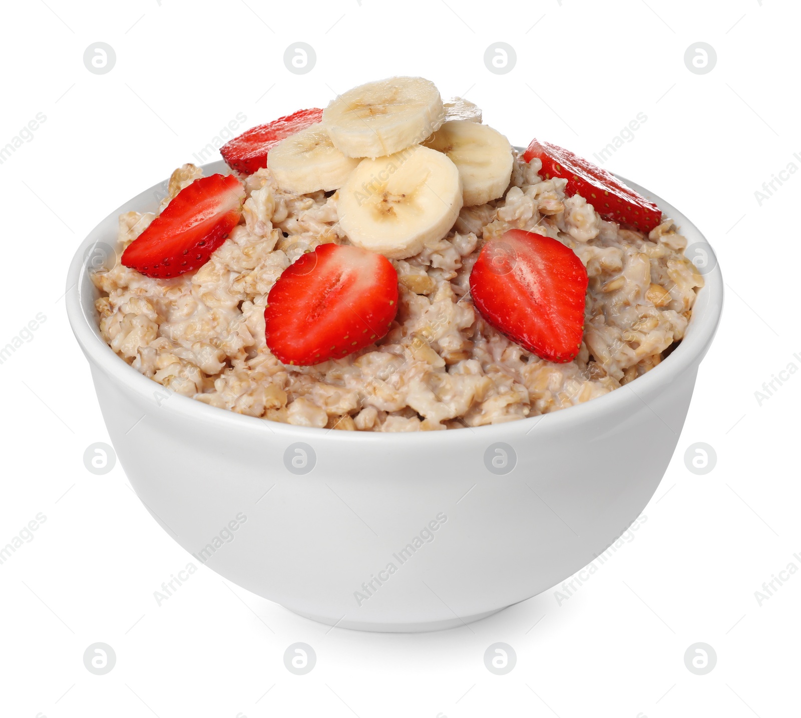 Photo of Tasty boiled oatmeal with strawberries and banana in bowl isolated on white