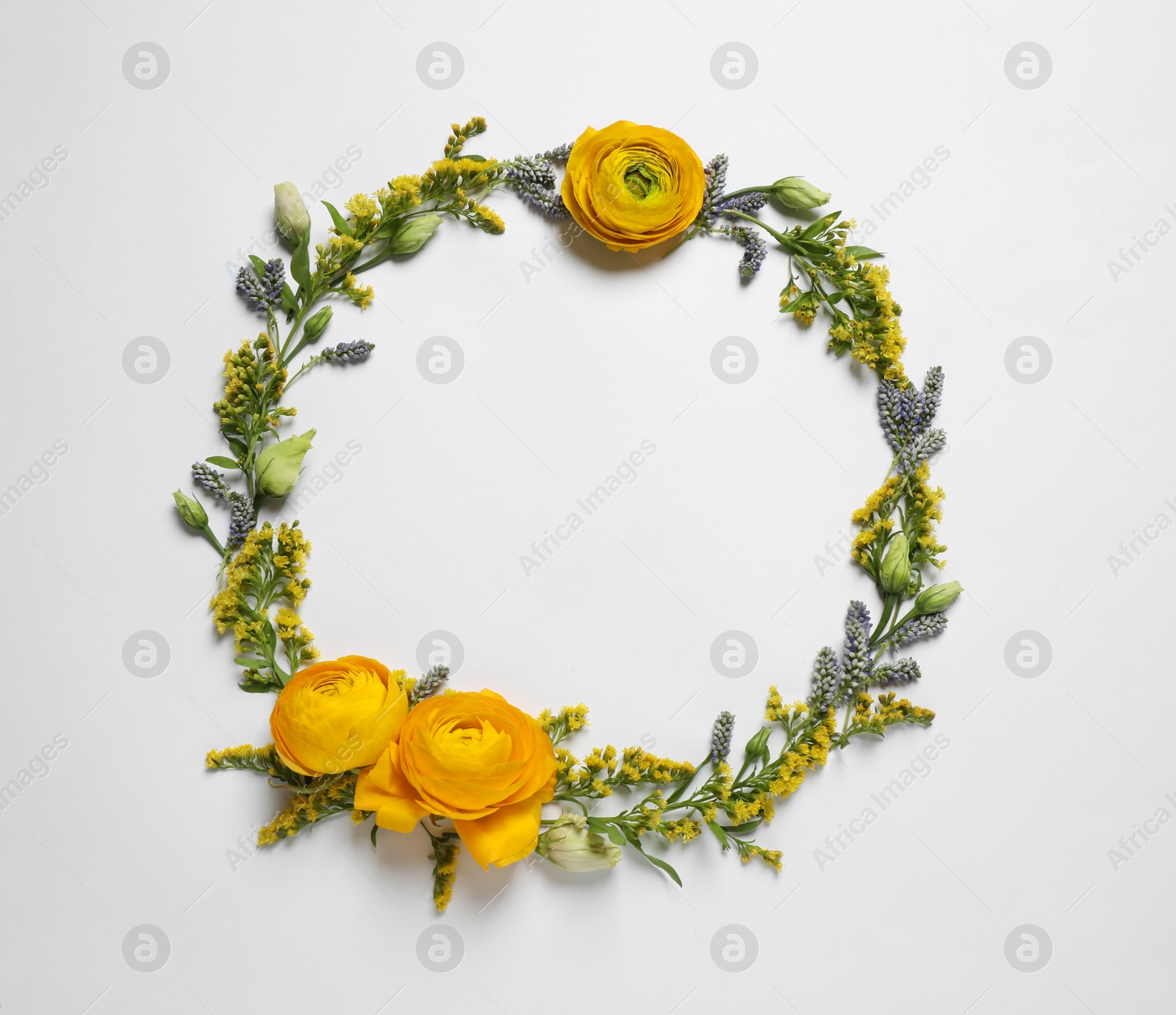 Photo of Frame made of beautiful flowers on white background, flat lay with space for text. Floral composition