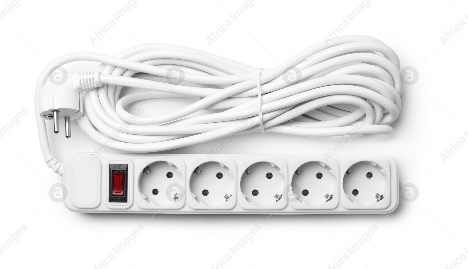 Photo of Extension cord on white background, top view. Electrician's professional equipment