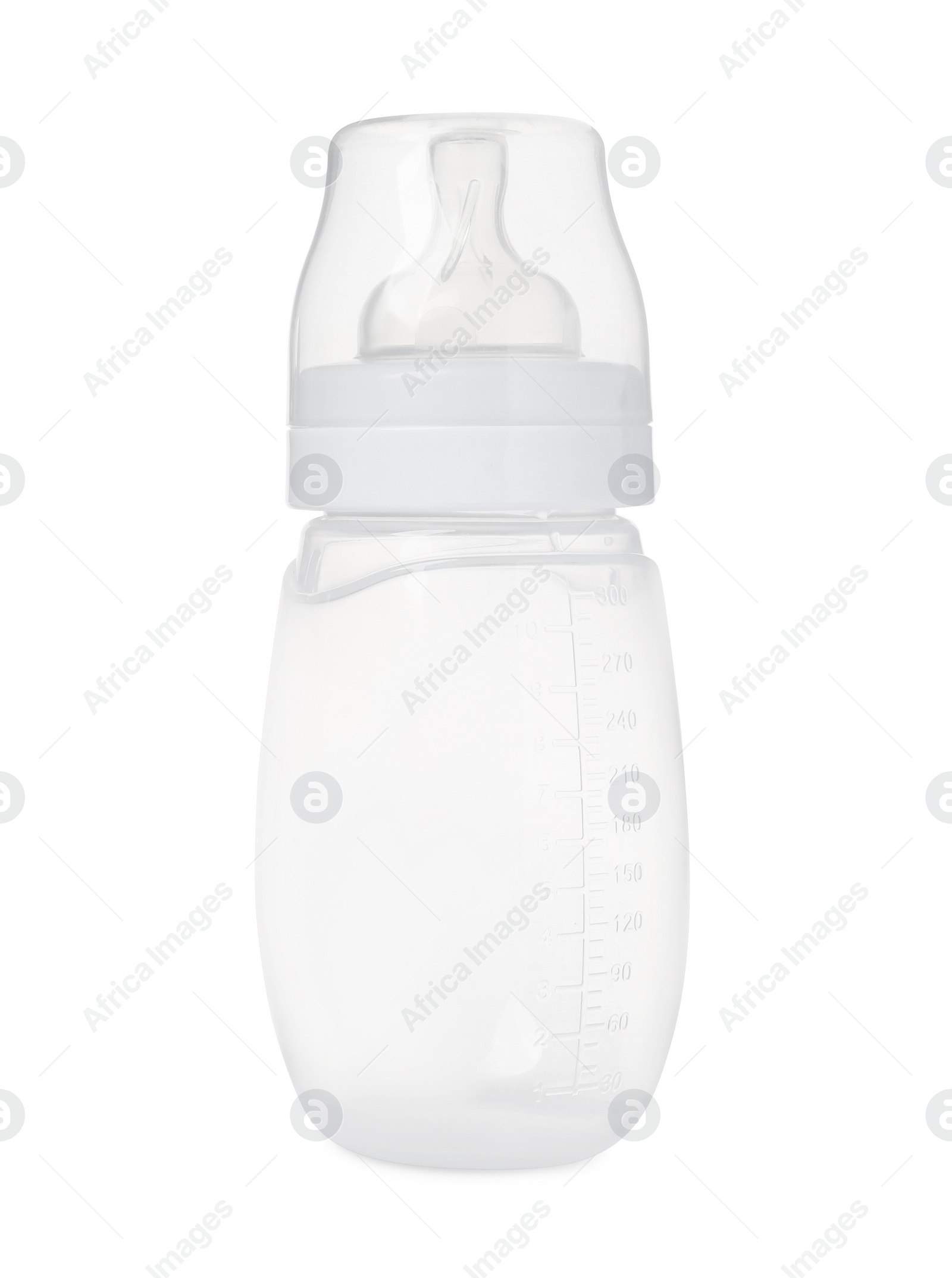 Photo of One empty feeding bottle for baby milk isolated on white