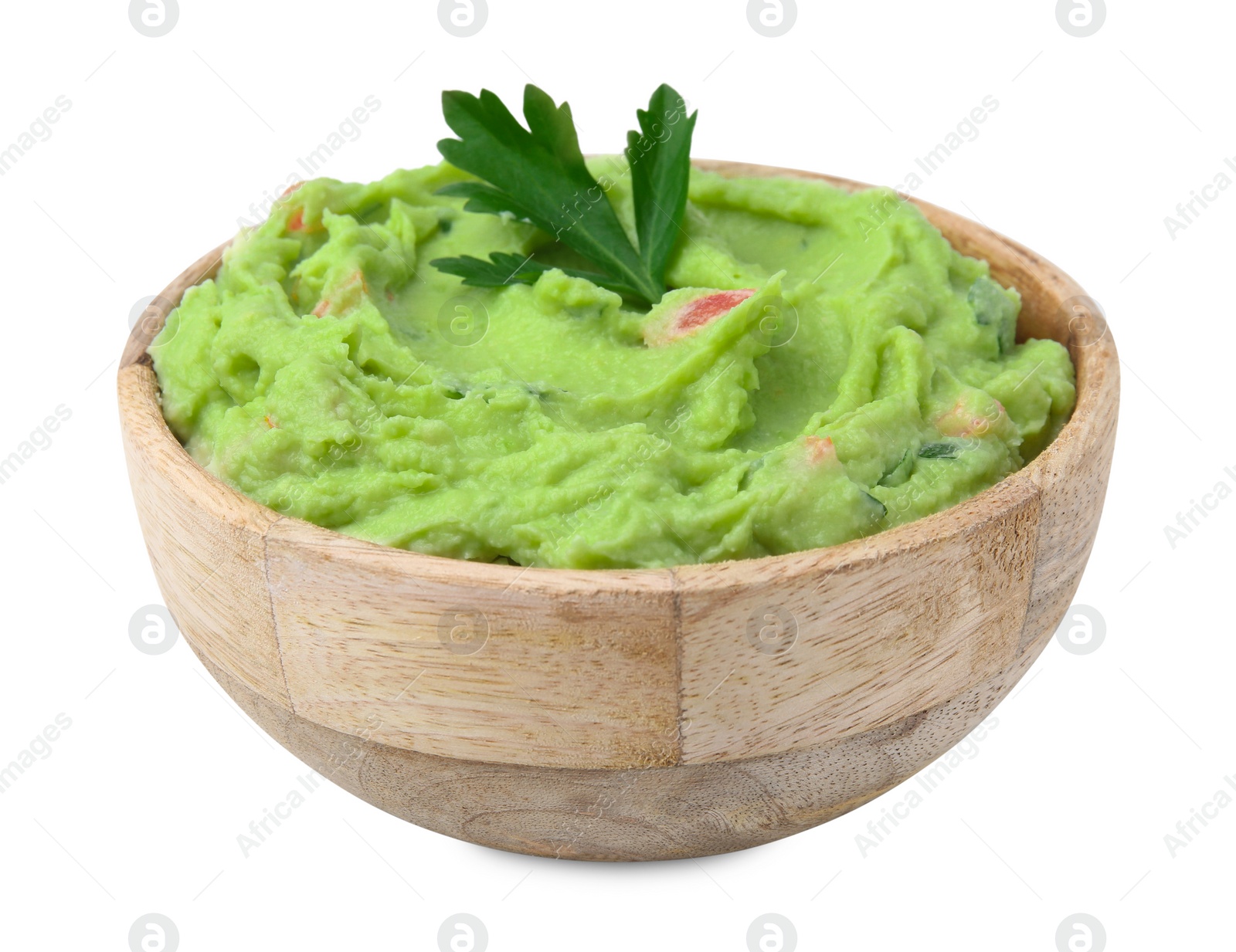 Photo of Bowl of delicious guacamole isolated on white