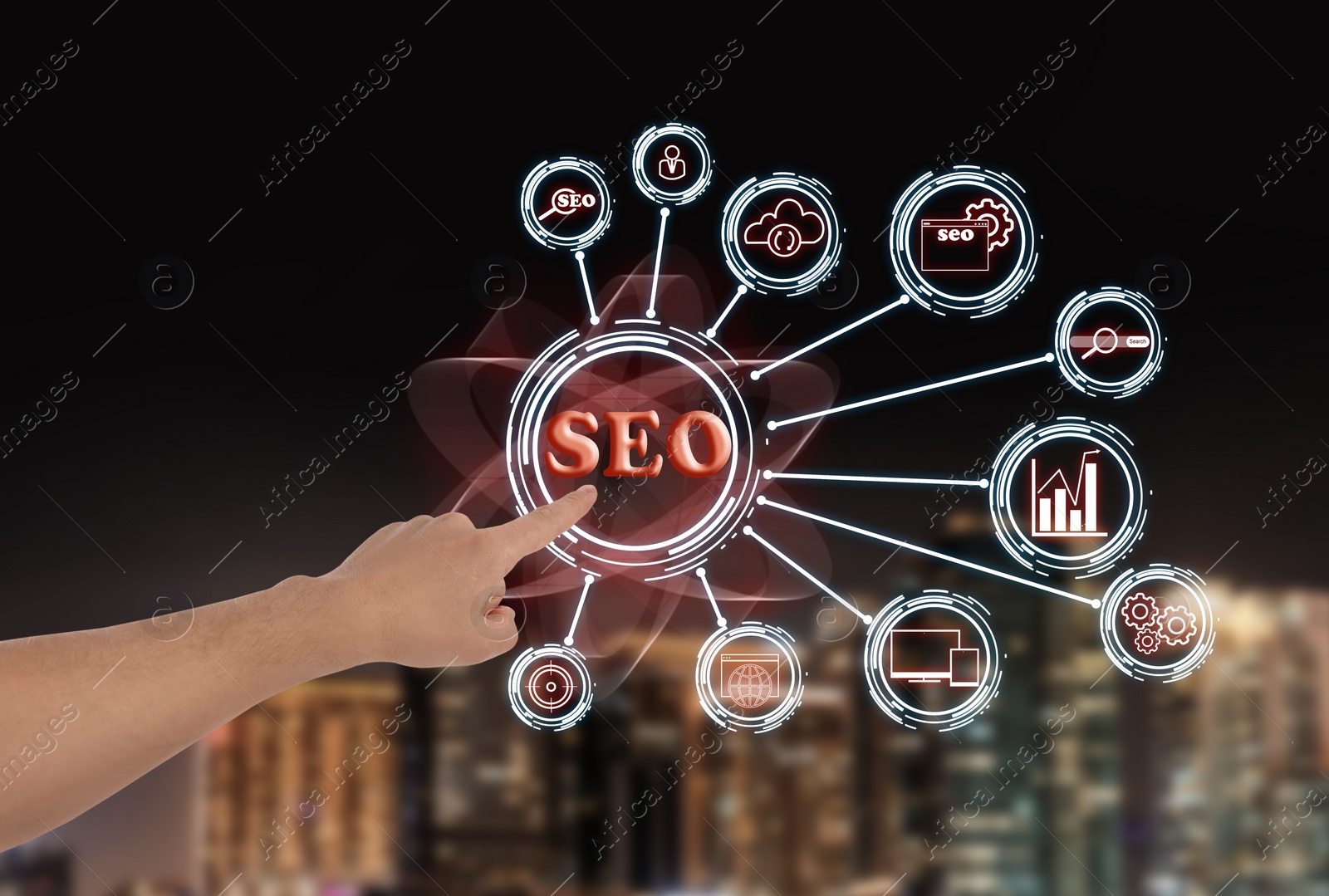 Image of SEO directions with icons of keyword research, customization and others. Man using virtual screen, closeup