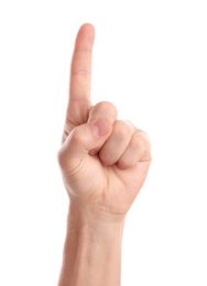 Photo of Man pointing at something on white background, closeup of hand