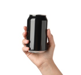 Photo of Woman holding black aluminum can on white background, closeup