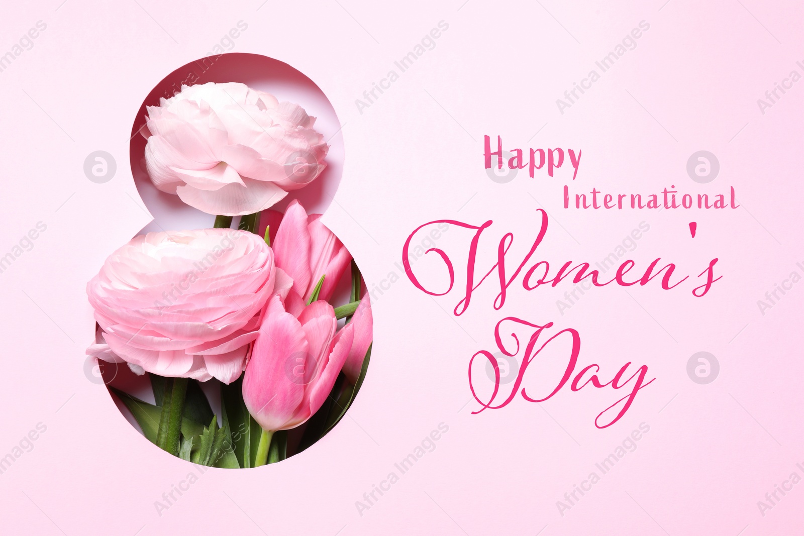 Image of 8 March - Happy International Women's Day. Greeting card design with ranunculus and tulip flowers, top view