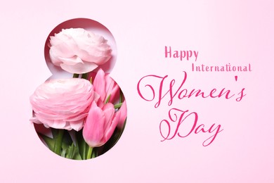 8 March - Happy International Women's Day. Greeting card design with ranunculus and tulip flowers, top view