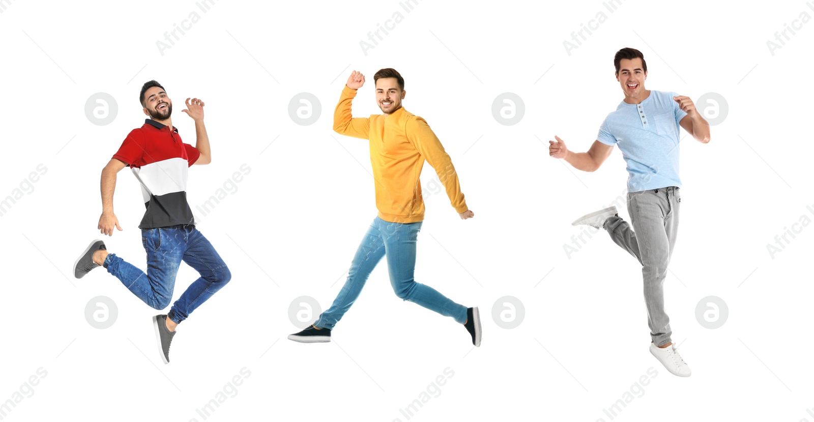 Image of Collage of emotional young men wearing fashion clothes jumping on white background