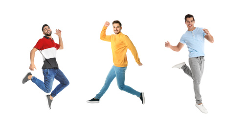 Image of Collage of emotional young men wearing fashion clothes jumping on white background