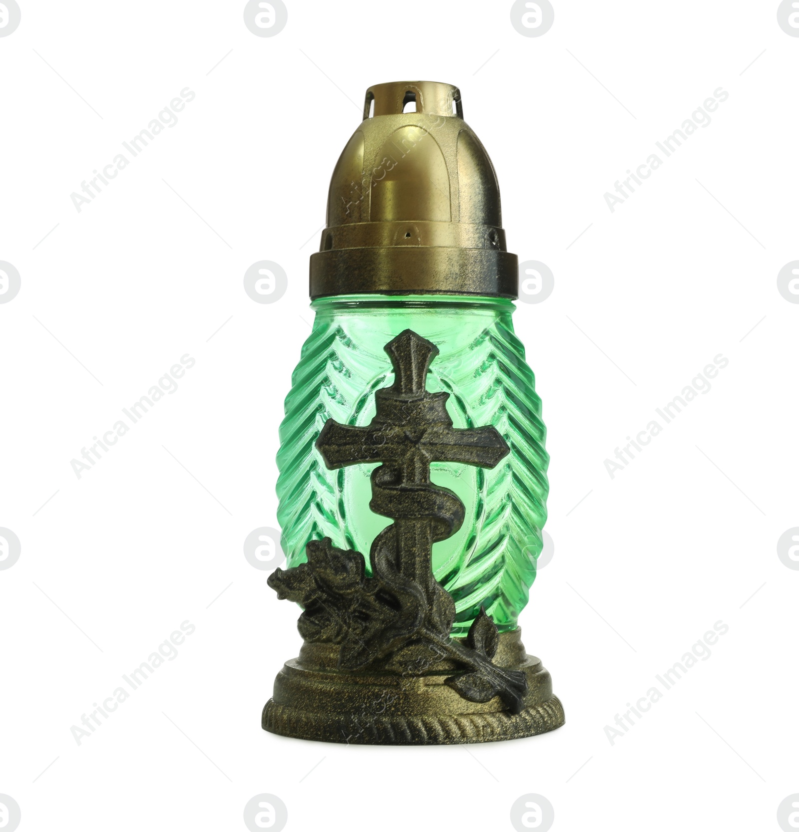 Photo of Green grave light isolated on white. Symbol of remembrance