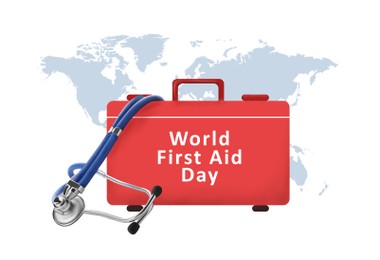 Image of World First Aid Day. Kit of medical supplies, stethoscope and map on white background, illustration