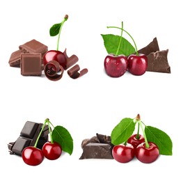 Image of Fresh cherries, pieces and curls of chocolate isolated on white, collage