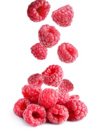 Image of Delicious ripe raspberries falling on white background