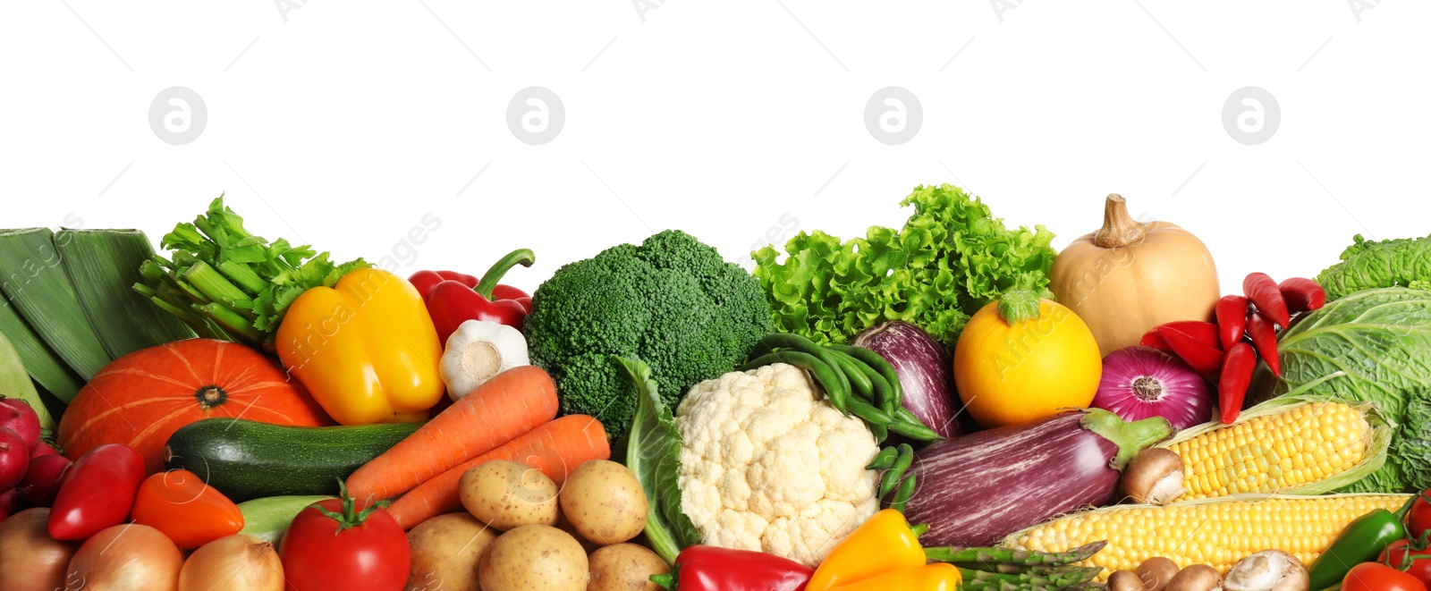 Photo of Pile of different fresh vegetables on white background