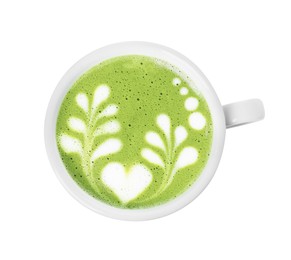 Photo of Delicious matcha latte in cup on white background, top view