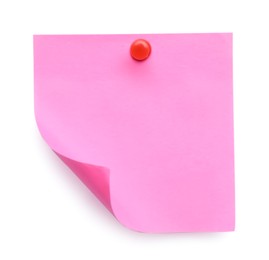 Blank pink note pinned on white background, top view