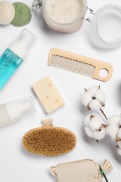 Photo of Bath accessories. Flat lay composition with personal care products on white background