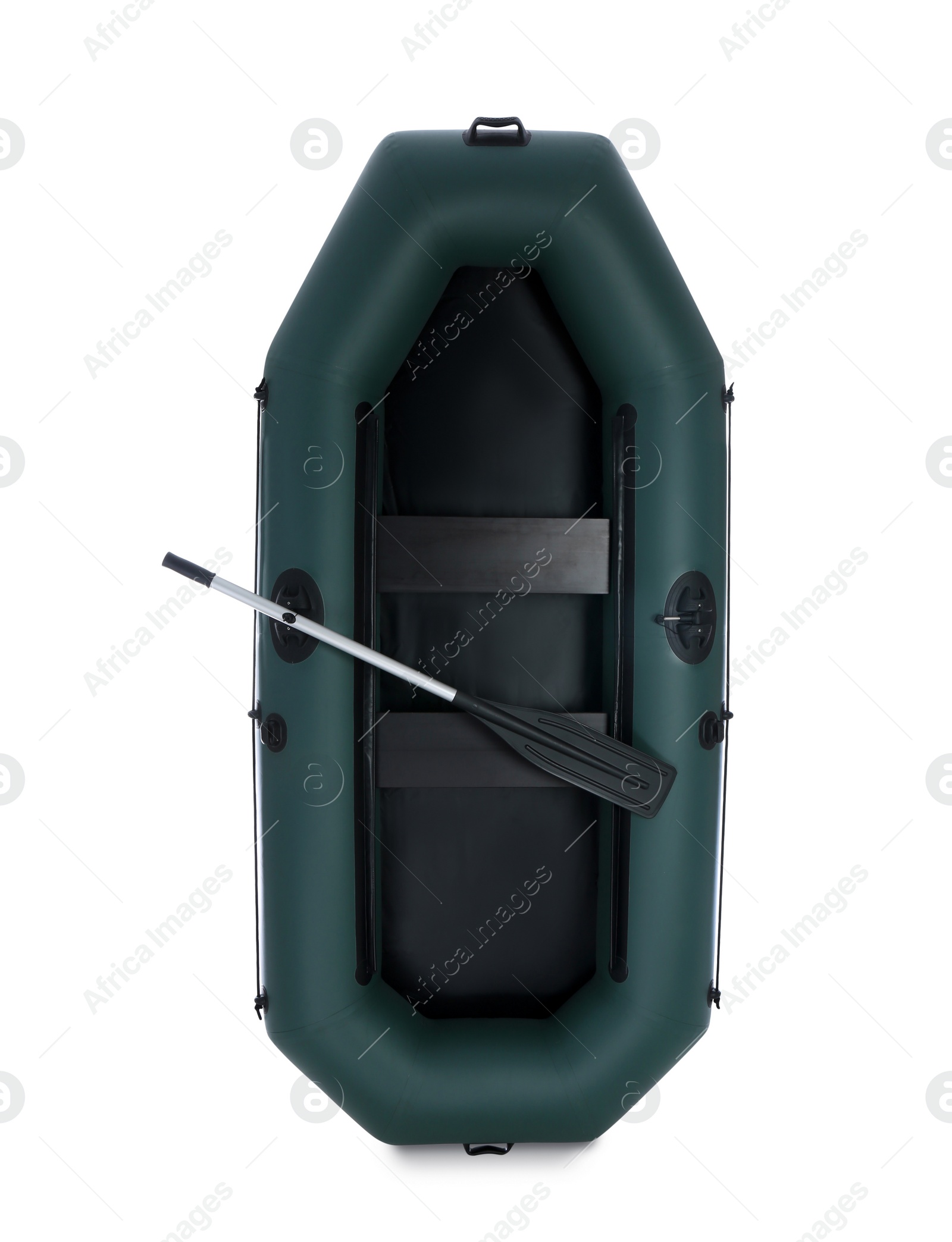 Photo of Inflatable rubber fishing boat with aluminium oar and seats isolated on white