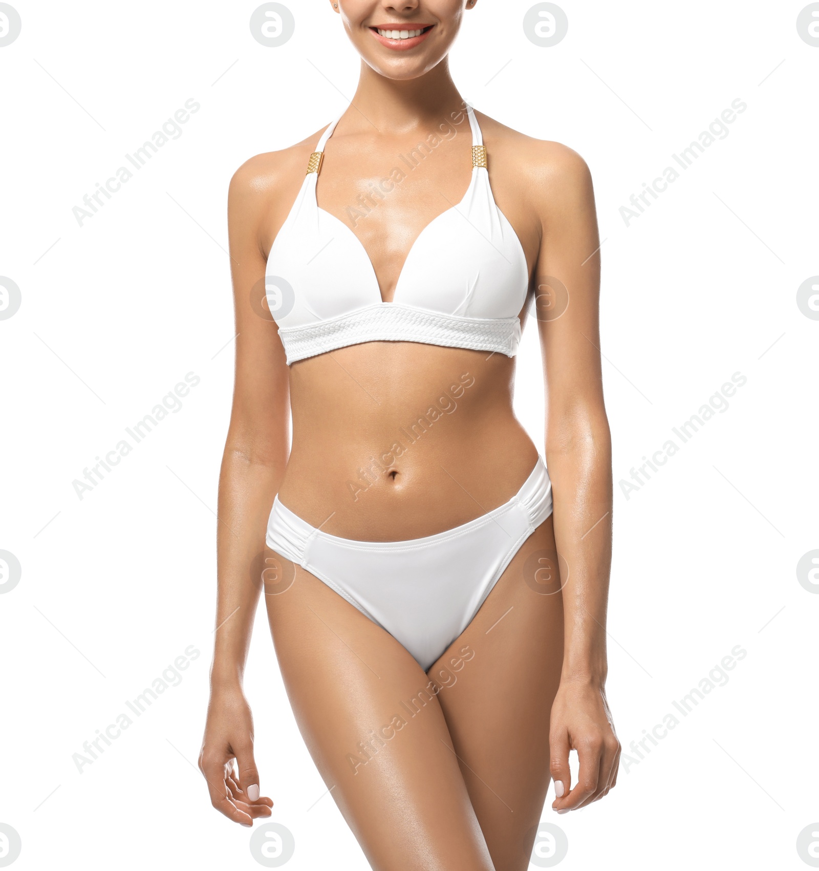 Photo of Sexy young woman in stylish swimsuit isolated on white, closeup. Beach body goal